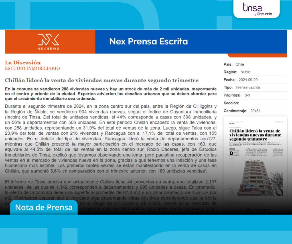 Chillán sería la comuna que lideró la venta de viviendas nuevas durante